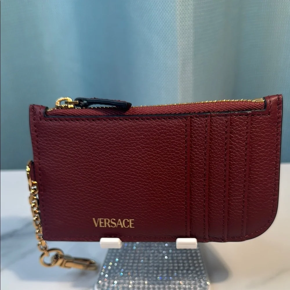 Versace Maroon Leather Card Holder with Gold Keychain Full Inclusion - Picture 3 of 6